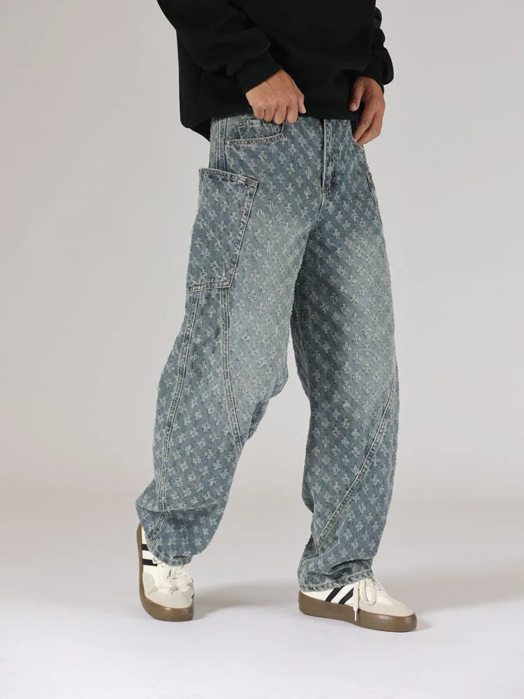 men brand fashion loose casual splice pocket jacquard vintage wide leg baggy jeans cityboy denim baggy jeans pants trousers unique jeans style 2966