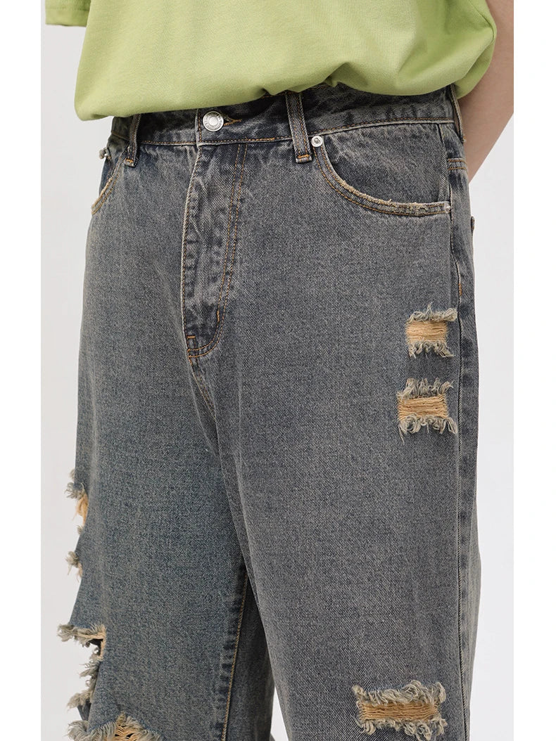 rainbowtouches 2022 men washed jeans vintage high street hole design fashion jeans popular loose straight hip hop long pants unique jeans style 4964