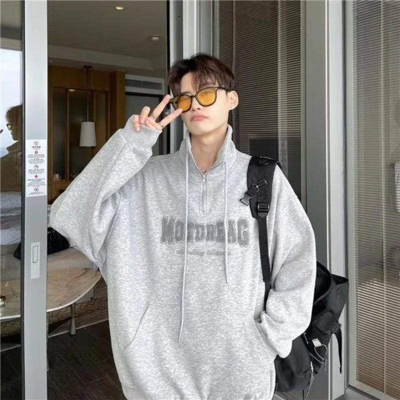 Street Half Zip Hoodie Mens Spring New Vintage Letter Embroidery Loose