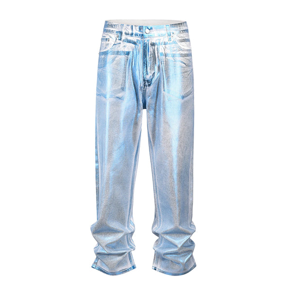 european and american retro blue reflective wax printing jeans pants slim splashing ink cleanfit couple straight leg jeans male vintage washed jeans
