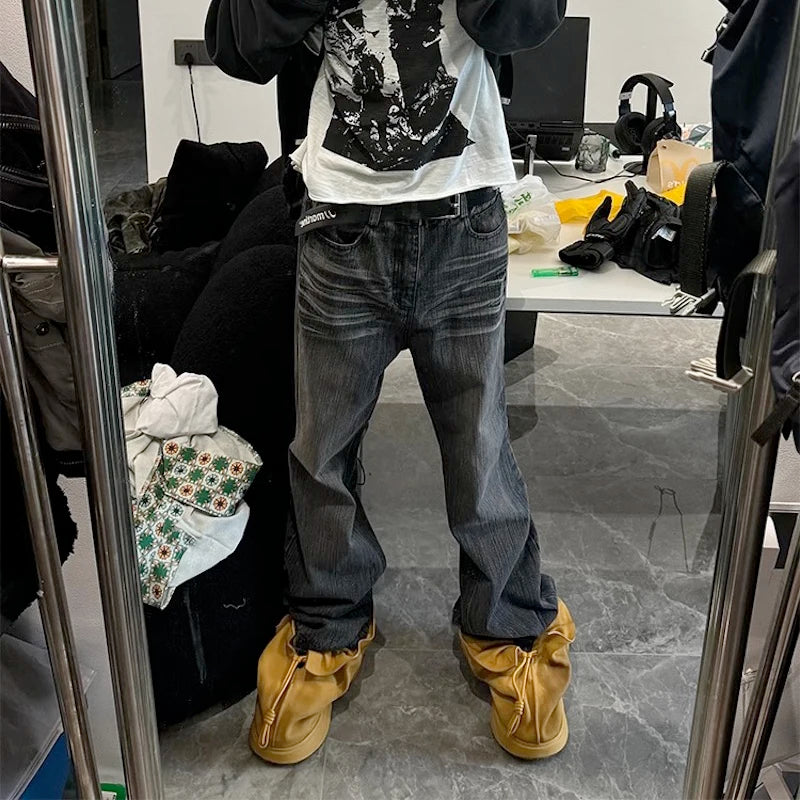 streetwear black washed ripped baggy flare jeans pants for men and women straight ropa hombre loose casual denim trousers stacked flare jeans