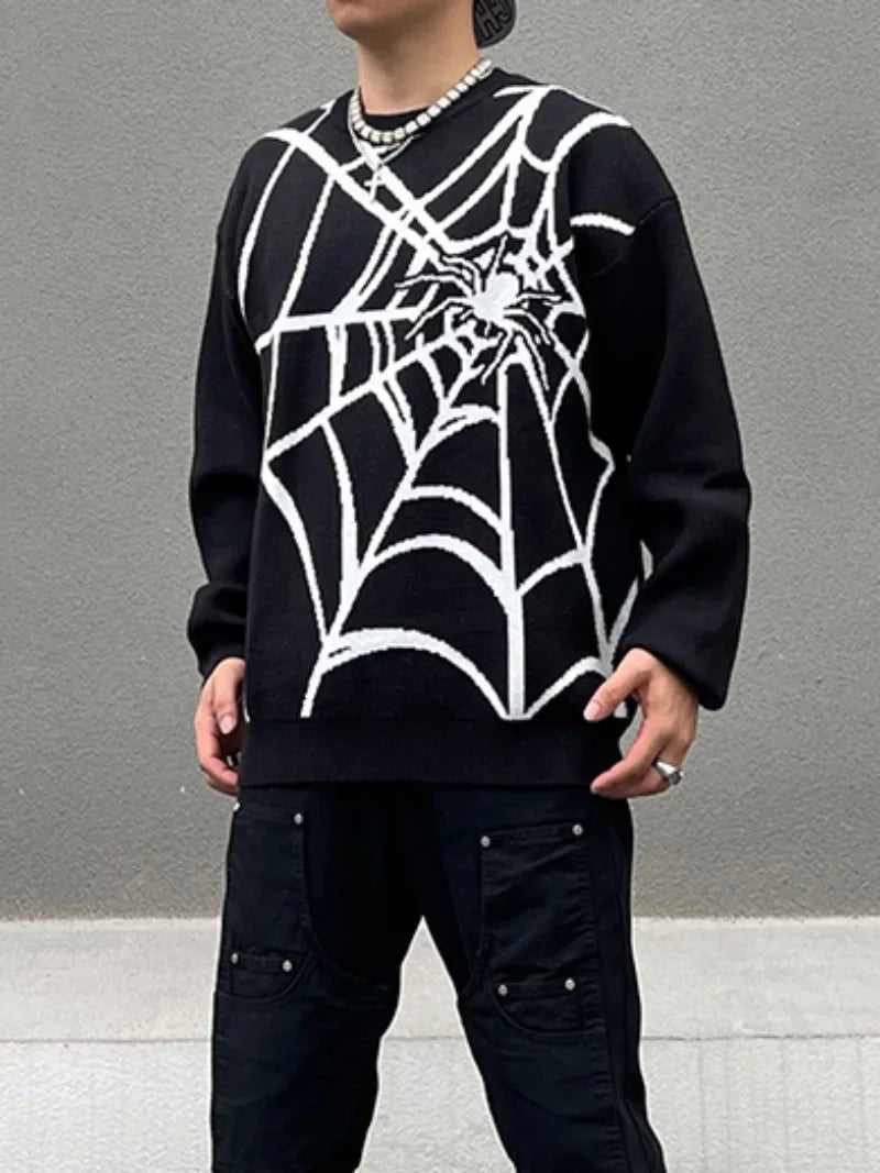hip hop harajuku spider web pattern knitted sweater unisex pullover streetwear winter casual loose sweater warm jumper knitwear - graphic printed hoodie for men and women, urban fashion pullover, bold artwork streetwear hoodie