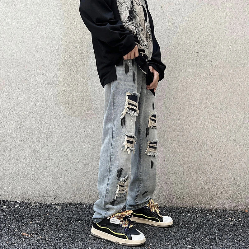 graffiti printed ripped destroied denim jean mens distressed biker jeans trousers new fashion high street straight pants joggers streetwear sweatpants