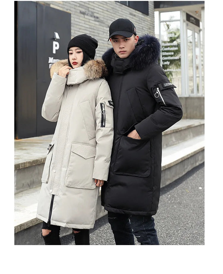 Korean Style Winter Long Parka Coat Men Woman Down Jacket Clothing Hooded Fur Collar Thicken Warm Leisure Lovers Overcoat