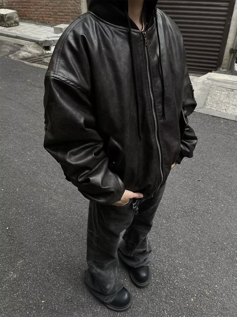 Winter American Fake Two Pieces Parkas Mens Heavy Weight Thicken Hip Hop PU Leather Cotton Jacket Trend Loose Motorcycle Coats
