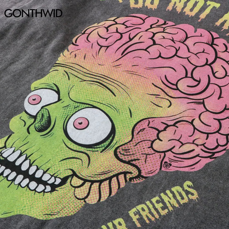 Y2k Aesthetic print tee – Men Punk T Shirt Hip Hop Funny Brain Zombie Print Distressed