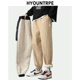 mens high street loose fit elastic waist pants winter warm fleece pants hip hop solid drawstring sportwear sweatpants joggers streetwear sweatpants