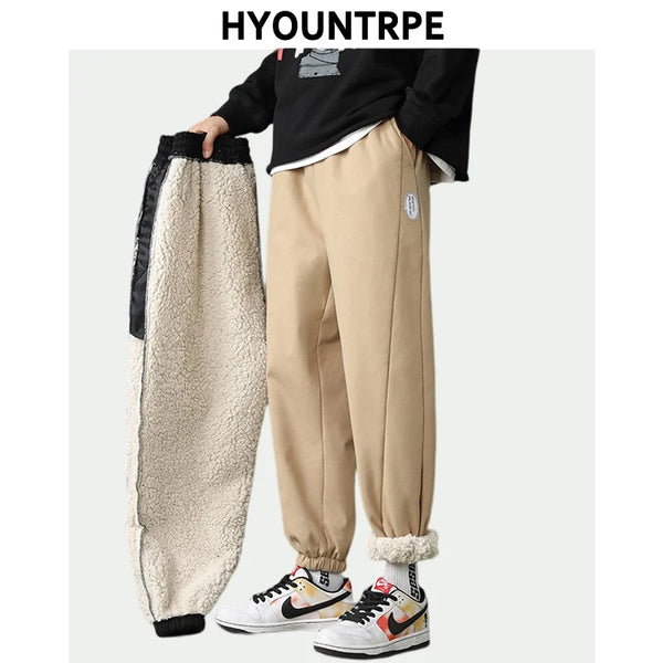 mens high street loose fit elastic waist pants winter warm fleece pants hip hop solid drawstring sportwear sweatpants joggers streetwear sweatpants