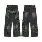 fashion patchwork frayed star denim straight jean pant men casual side pocket y2k trouser unisex hip hop streetwear jeans pants unique jeans style 399