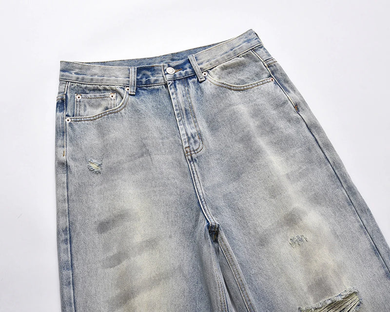 damaged washed blue baggy jeans for men straight hole distressed casual cargo pants frayed streetwear denim trousers oversized unique cargo style 5290
