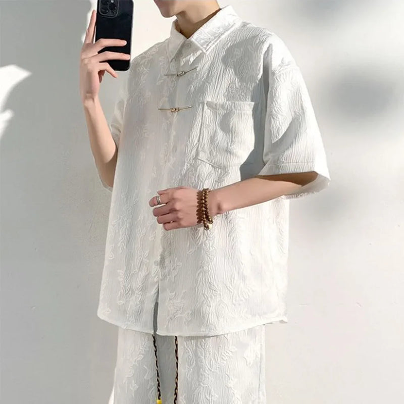 Mens Chinese Loop Buckle Jacquard Design Shirt Daily Casual Personality Versatile Loose Short-sleeve Tops Unisex 2024 Summer