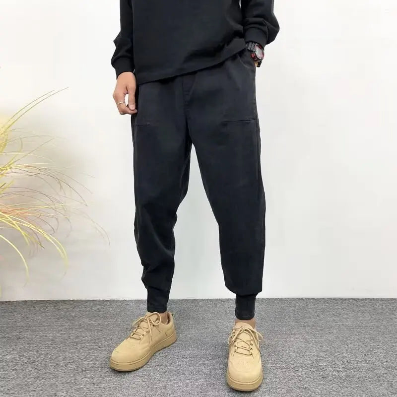 solid color black casual jeans slimming ankle length harem trousers trendy mens slim fit loose fit 2024 korean winter style pan urban skinny jeans