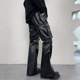 pu leather pants mens streetwear fashion hip hop vibe casual faux leather cargo flared pant men motorcycle trousers unique cargo style 3071