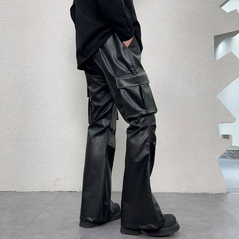 pu leather pants mens streetwear fashion hip hop vibe casual faux leather cargo flared pant men motorcycle trousers unique cargo style 3071