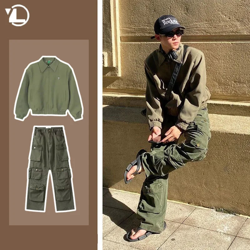 high street y2k men set casual loose lapel jacket hip hop multi pocket overalls 2 piece spring autumn fashion couple suit trend unique default style 4608