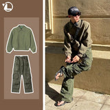 high street y2k men set casual loose lapel jacket hip hop multi pocket overalls 2 piece spring autumn fashion couple suit trend unique default style 4608