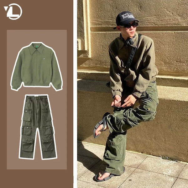 high street y2k men set casual loose lapel jacket hip hop multi pocket overalls 2 piece spring autumn fashion couple suit trend menswear bottoms