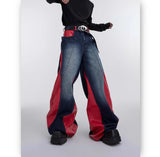 y2k retro washed splicing jeans for men new hip hop punk pu leather baggy jeans straight casual black denim trousers streetwear unique jeans style 670