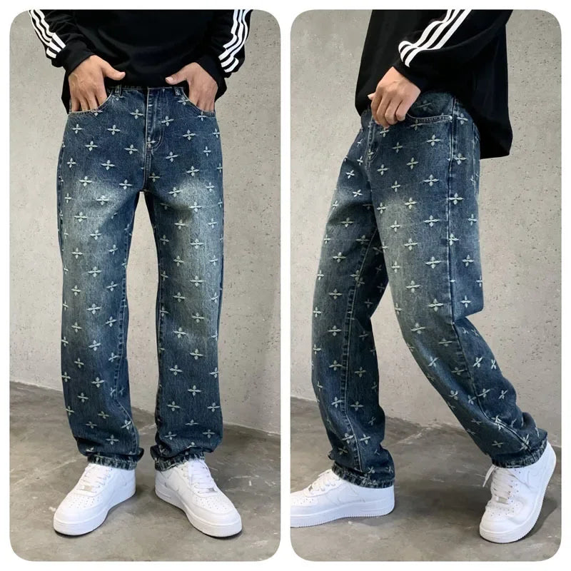 autumn winter new trendy brand jacquard jeans men high street hiphop casual fashion loose denim jeans pants boyfriend trousers urban skinny jeans