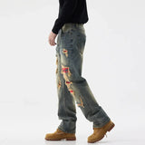 men broken hole patch loose casual plus size straight ripped denim pants jeans man streetwear fashion baggy jeans trousers unique jeans style 3154