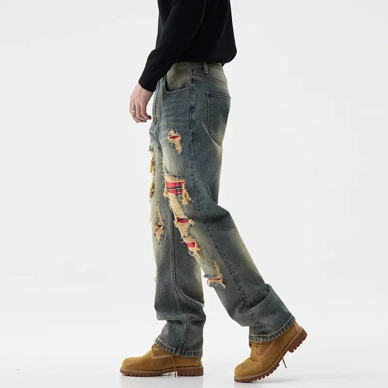 men broken hole patch loose casual plus size straight ripped denim pants jeans man streetwear fashion baggy jeans trousers unique jeans style 3154