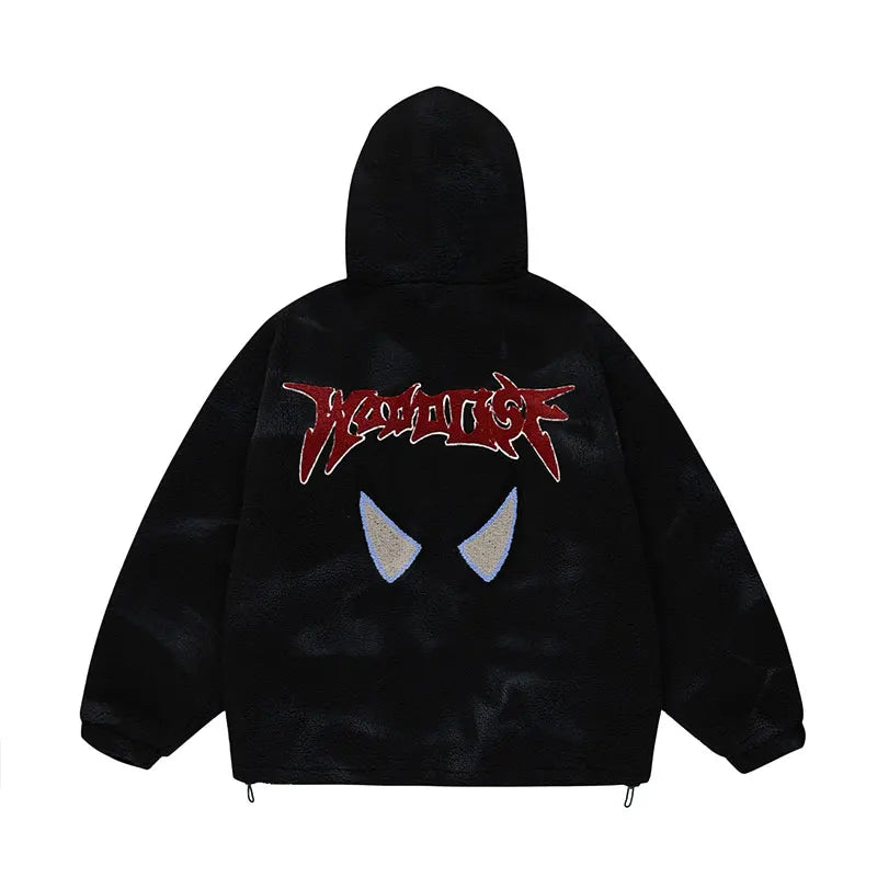 mens harajuku graffiti fleece jackets and coats letter embroidery hairy zipper outerwear warm streetwear parkas bomber jacket - variant style 54b104 for streetwear fashion