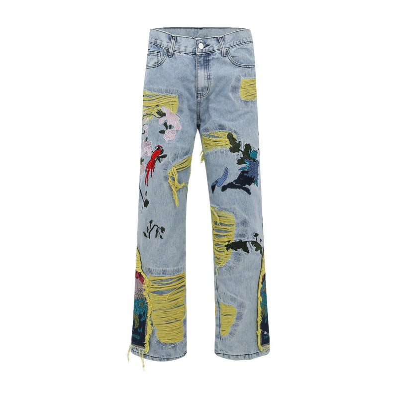 retro patch embroidered pleated jean for men street wear washed destroyed straight patchwork ripped jeans pants baggy hip hop unique jeans style 1058