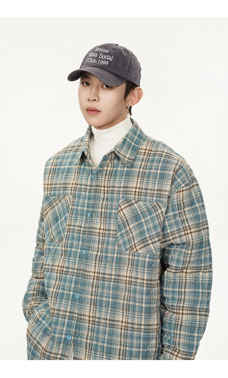 Autumn Winter Men Streetwear Fashion Loose Casual Oversize Plaid Cotton-padded Shirt Style Parkas Jacket Campus Couple Coat