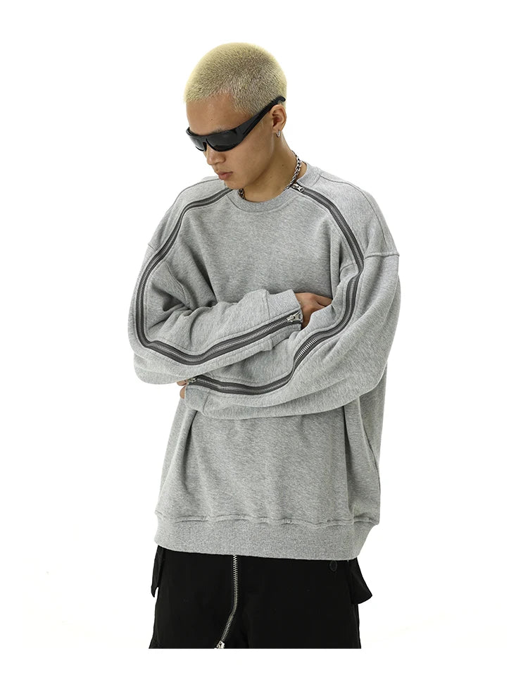 Hip Hop Sweatshirt O-neck Harajuku Skateboard Streetwear Zipper Up Pullover Unisex Casual Autumn Winter Loose Tops Men Clothing