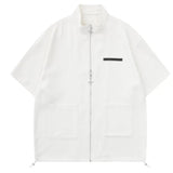 Spring Summer Solid Waffle Shirt Men Zipper Shirts Trend Stand Collar Short Sleeve Tops Unisex Man Shirts Oversized Streetwear F