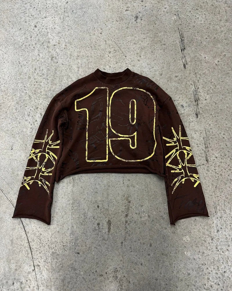 High Street Fashion Distressed Long-sleeved Pullover Men Y2k Harajuku Retro Hip-hop Rock Graffiti Style Oversized T-shirt Women