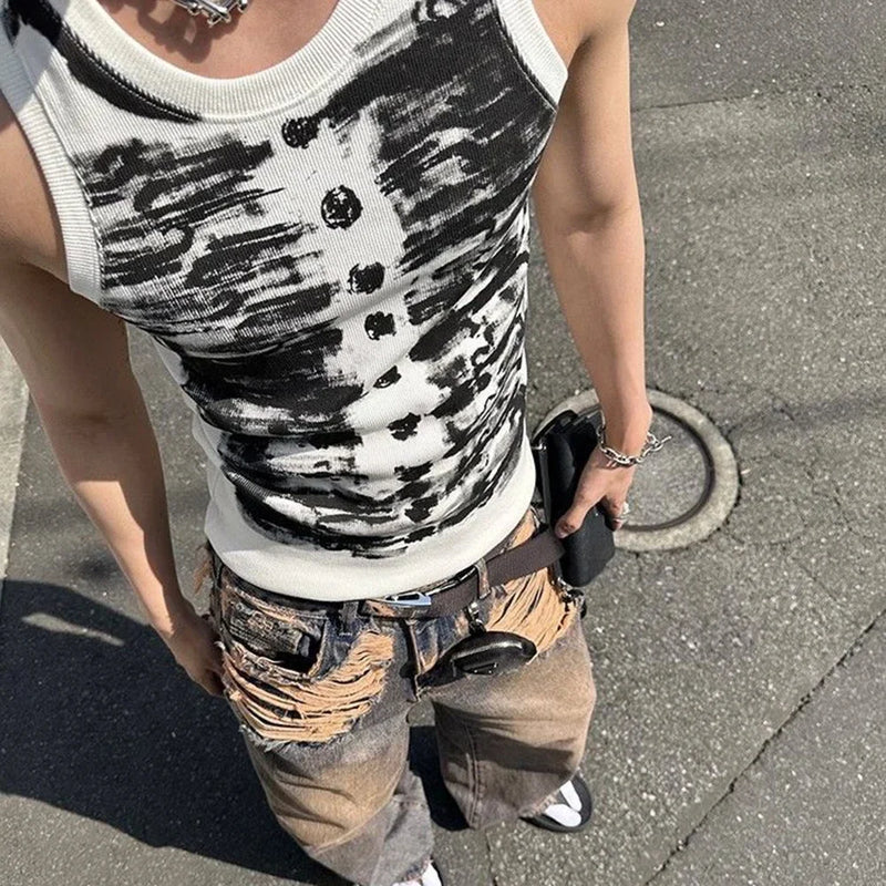 Mens Casual Street Tie Dye Tight Sports Bodybuilding Vest 2024 New Genderless Fashion Sexy Youth Printed Tank Top Unisex