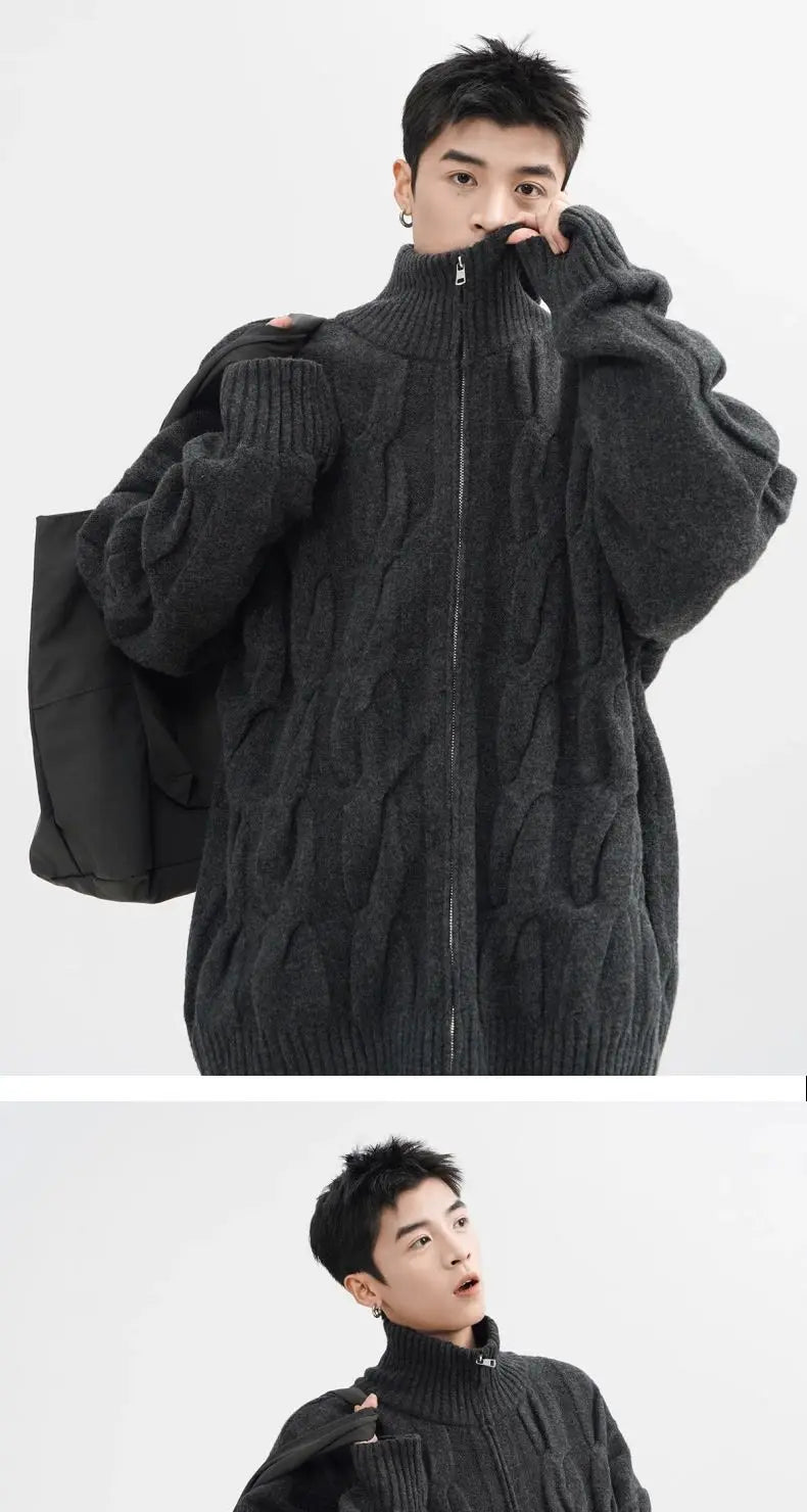 Autumn and Winter American New Style Men and Women Trendy Personalized Stand up Collar Knitted Shirt Couple Loose Retro Simple