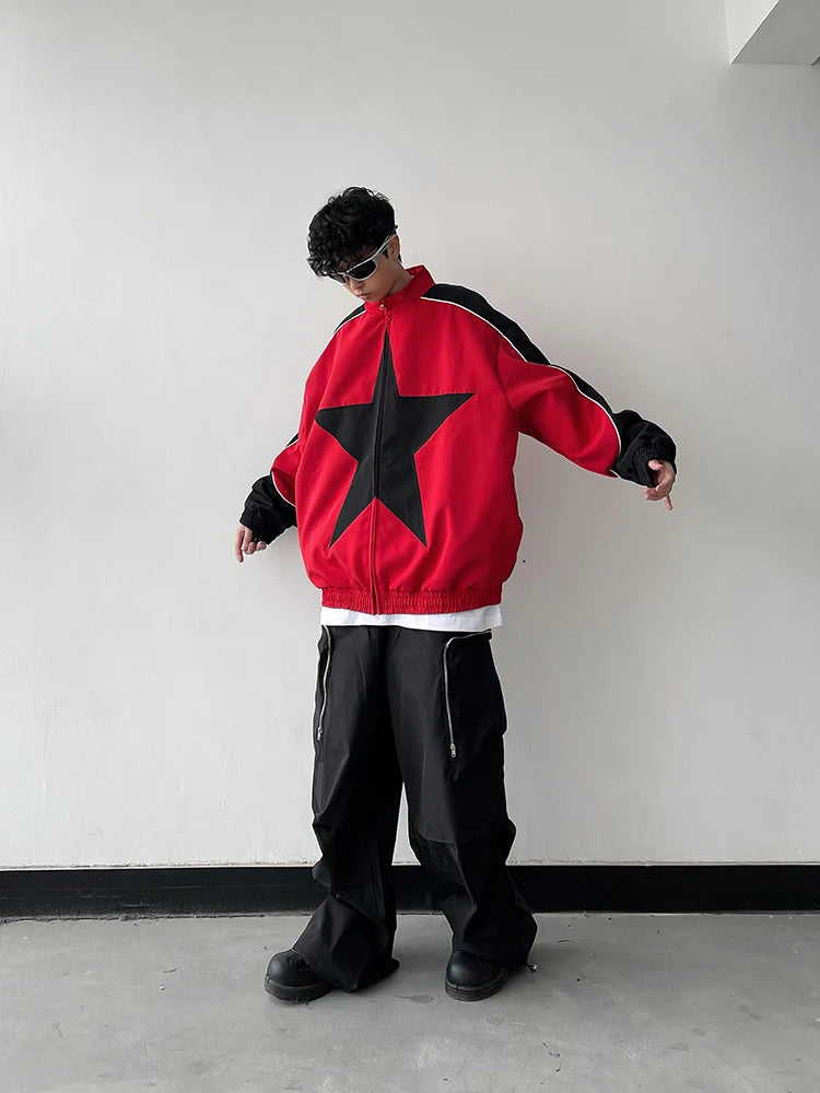 panel varsity outerwear, 2025 trend, for men, fall streetwear outfit, oversized style, layered fashion, modern aesthetic, graphic detail