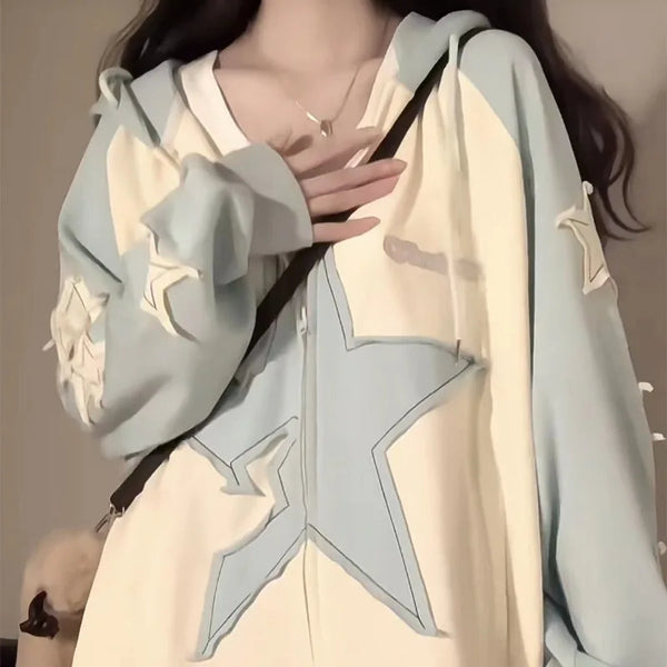 Spring Autumn Streetwear Star Graphic Zip Up Hoodie Women Vintage Y2K
