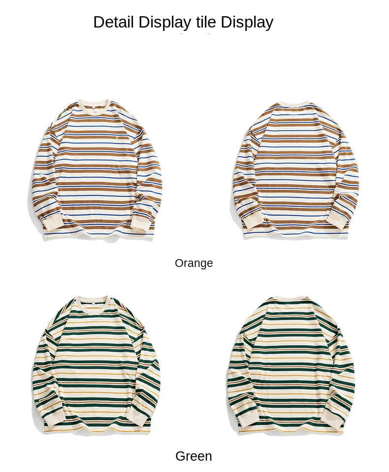 Vaporwave Oversized shirt – Embroidered Striped Contrast Round Neck Cotton Sweatshirts A