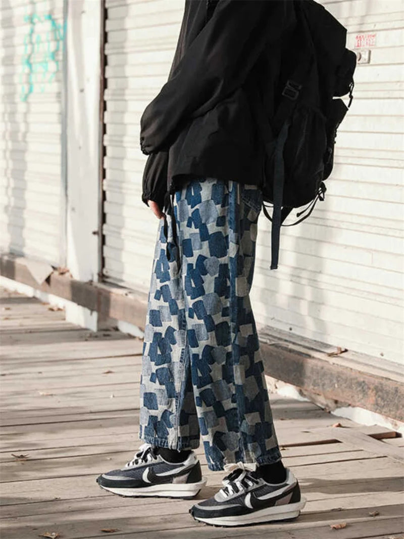 american plaid straight jeans mens casual streetwear printed denim pants autumn baggy classic wide leg retro y2k jean trousers unique jeans style 891