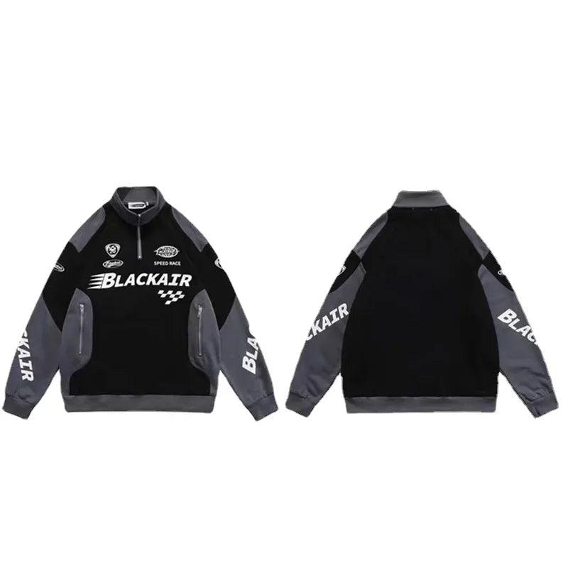 Retro Techwear Stand Collar Jacket Hip-hop Streetwear Half Zip Sweatshirt Letter Print Patchwork Zipper Coat