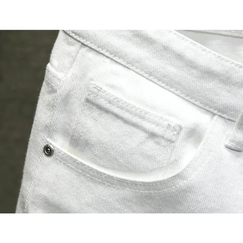 new white jeans shorts men fashion ripped knee length pants simple casual slim hole denim shorts male streetwear ripped baggy denim