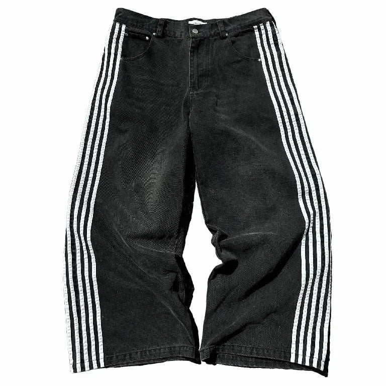 baggy jeans harajuku goth y2k jeans for men black striped new hip hop embroidered wide leg denim pants high street streetwear unique jeans style 279