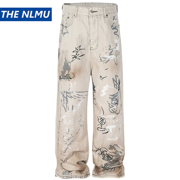 men hip hop baggy jeans graffiti printed loose straight denim pants dirty washed streetwear fashion jeans trousers white denim street jeans