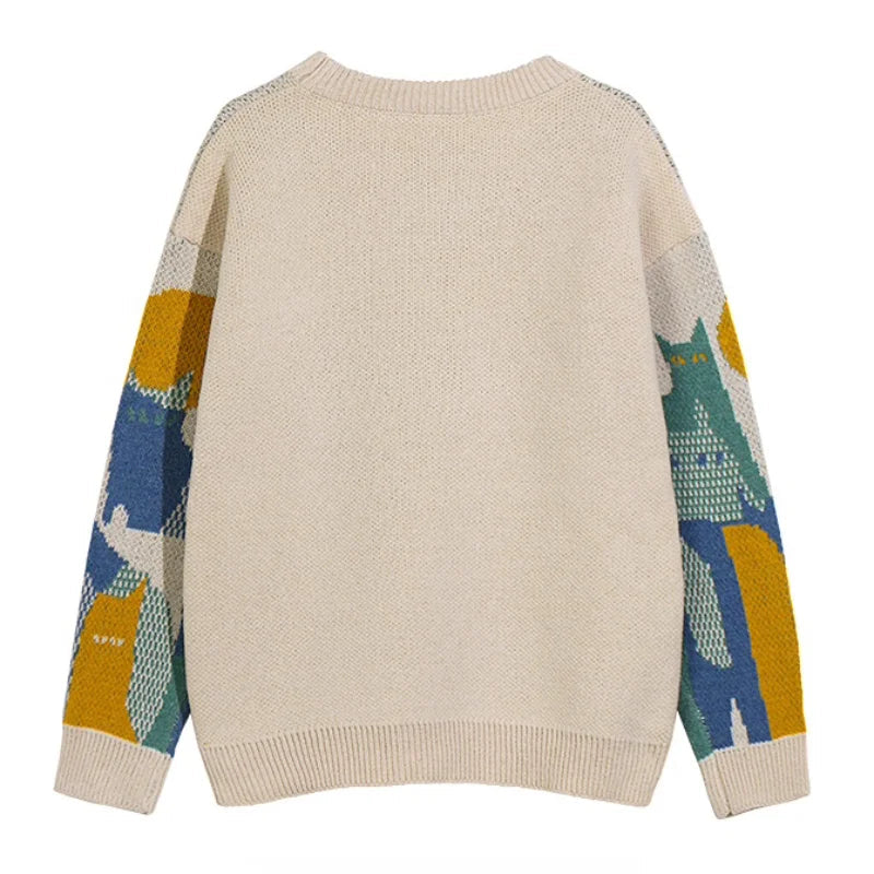 mens streetwear sweater retro vintage cats pattern hip hop knitted sweater pullover 2023 casual cotton sweater unisex clothes - graphic printed hoodie for men and women, high quality cotton hoodie, oversized streetwear hoodie