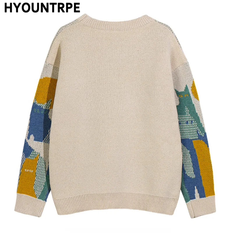 mens streetwear sweater retro vintage cats pattern hip hop knitted sweater pullover 2023 casual cotton sweater unisex clothes - graphic printed hoodie for men and women, high quality cotton hoodie, oversized streetwear hoodie