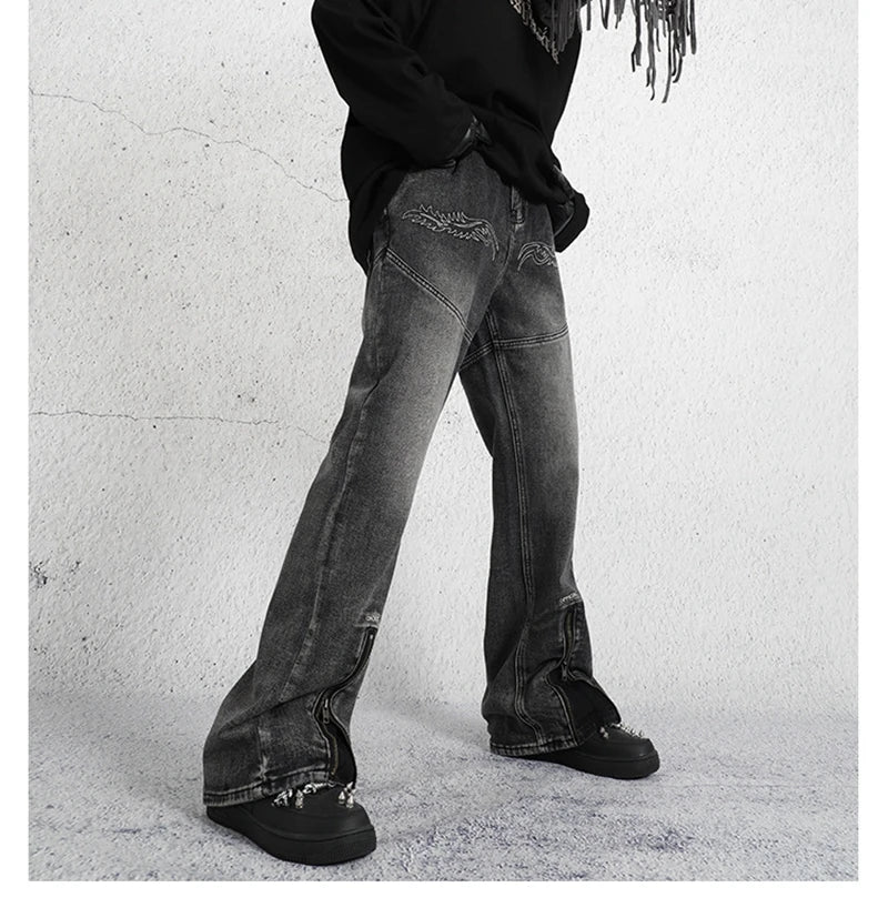 2023 dark streetwear totem embroidery vintage baggy men jeans pants feet zipper straight hip hop punk denim trousers ropa hombre unique jeans style 1763
