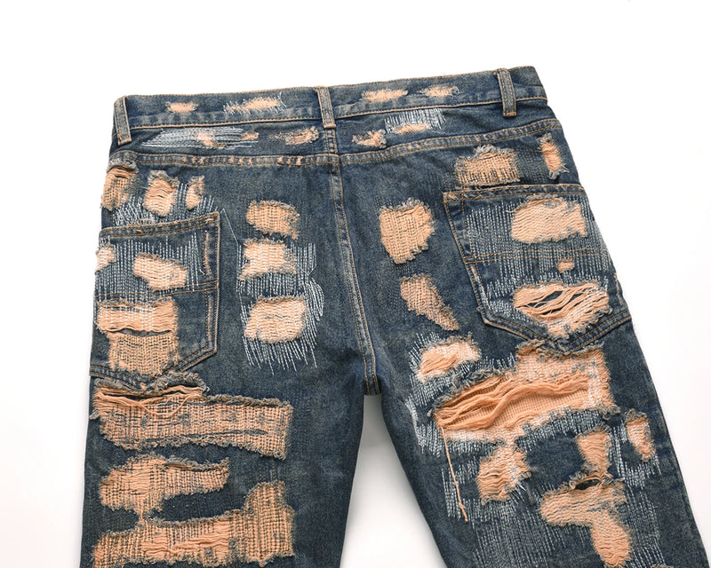 high street hole distressed ripped straight baggy jeans for men washed patchwork casual cargo pants oversized denim trousers unique cargo style 2876