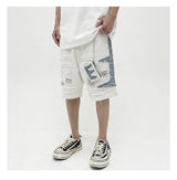 Mens High Street Denim Jean Shorts Casual Loose Destroyed Ripped Holes Loose Shorts Patchwork Hip Hop Streetwear Short Joggers