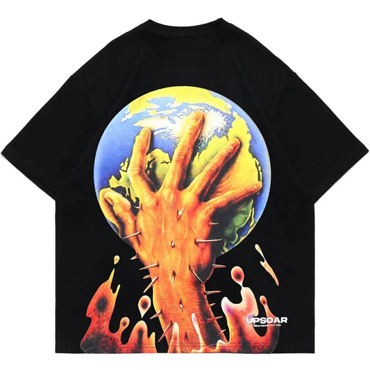Harajuku Oversized Shirt – Aolamegs Men Horror Hand Earth Printed T Shirt Summer Gothic – Modern Streetwear for Everyone