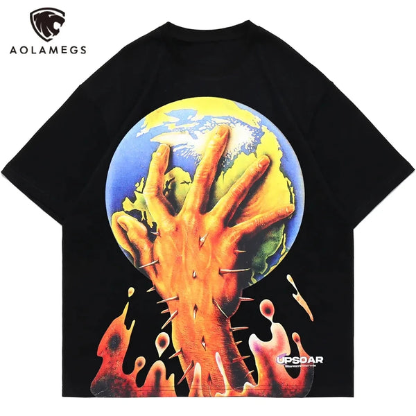 Harajuku Oversized Shirt – Aolamegs Men Horror Hand Earth Printed T Shirt Summer Gothic – Modern Streetwear for Everyone