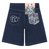 hip hop pockets embroidery letter print jeans shorts for men summer retro oversized wide leg denim knee lenght pants denim street jeans