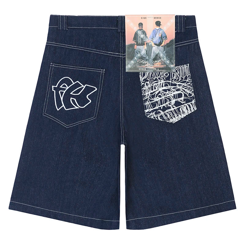 hip hop pockets embroidery letter print jeans shorts for men summer retro oversized wide leg denim knee lenght pants denim street jeans